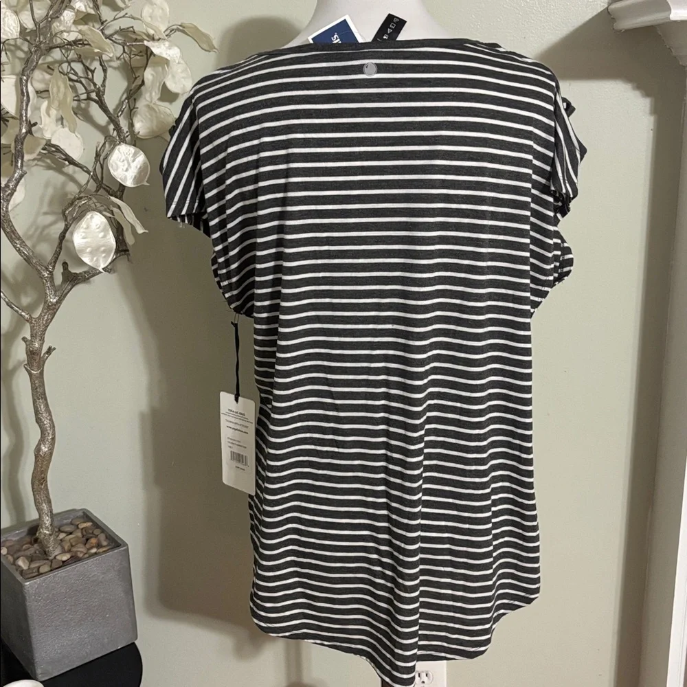 Yogalicious Dark Gray  and White Striped Short Sleeve Top